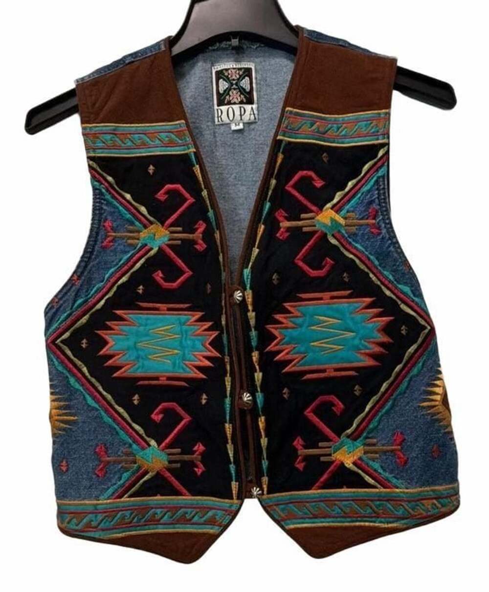 Hairston Roberson Ropa Aztec Embroidered Denim Vest Size M